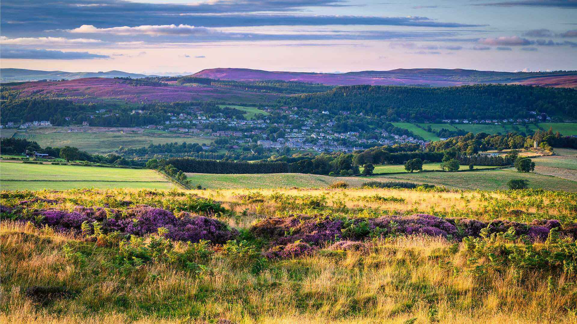 Landscape shot of Rothbury from afar